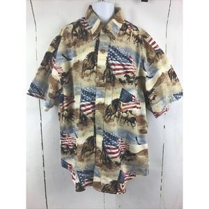 Bit & Bridle Boy’s Patriotic Horses/Flags Button Up Short Sleeve Shirt Sz. M